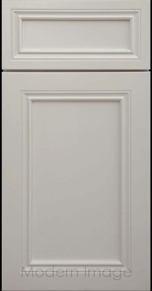 Close-up of Corona cabinets in Grey with mitered molding and flat center panel.